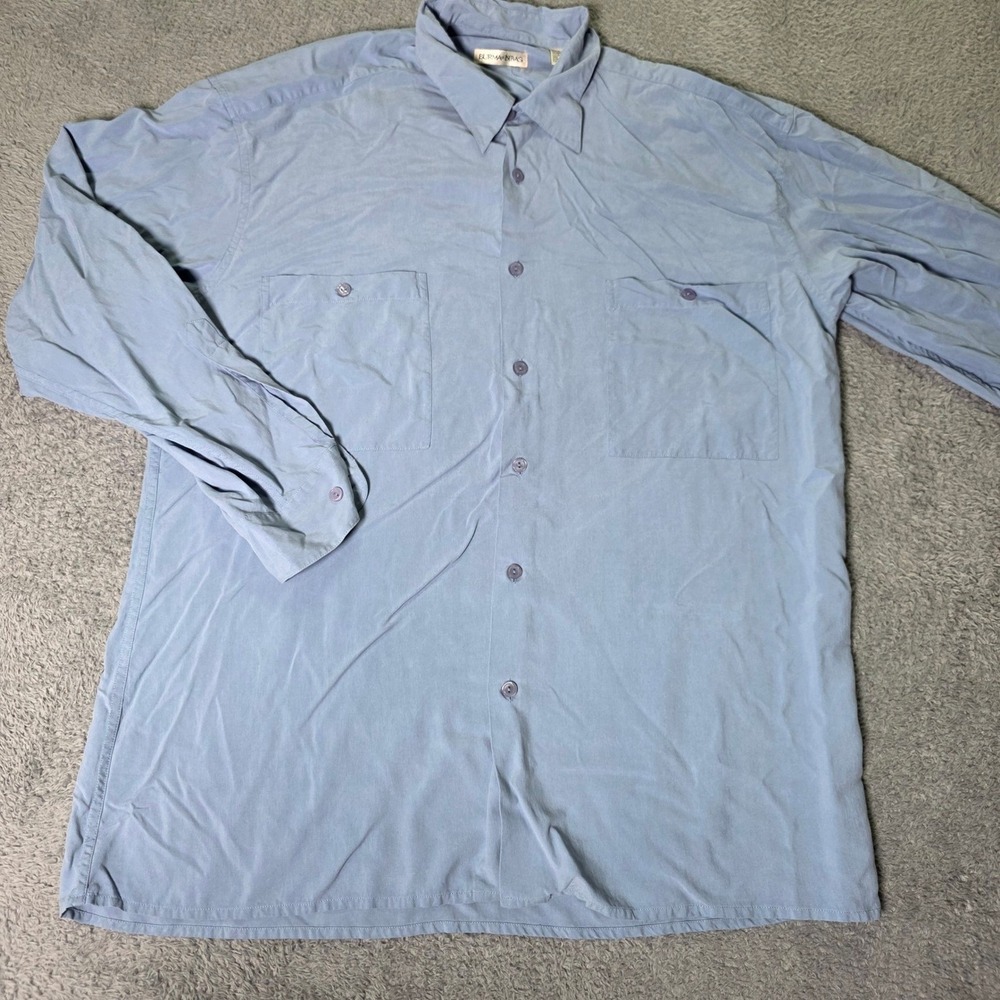 Burma Bibas Mens L Button Down Shirt Blue 100% Silk Long Sleeve Chest Pockets
